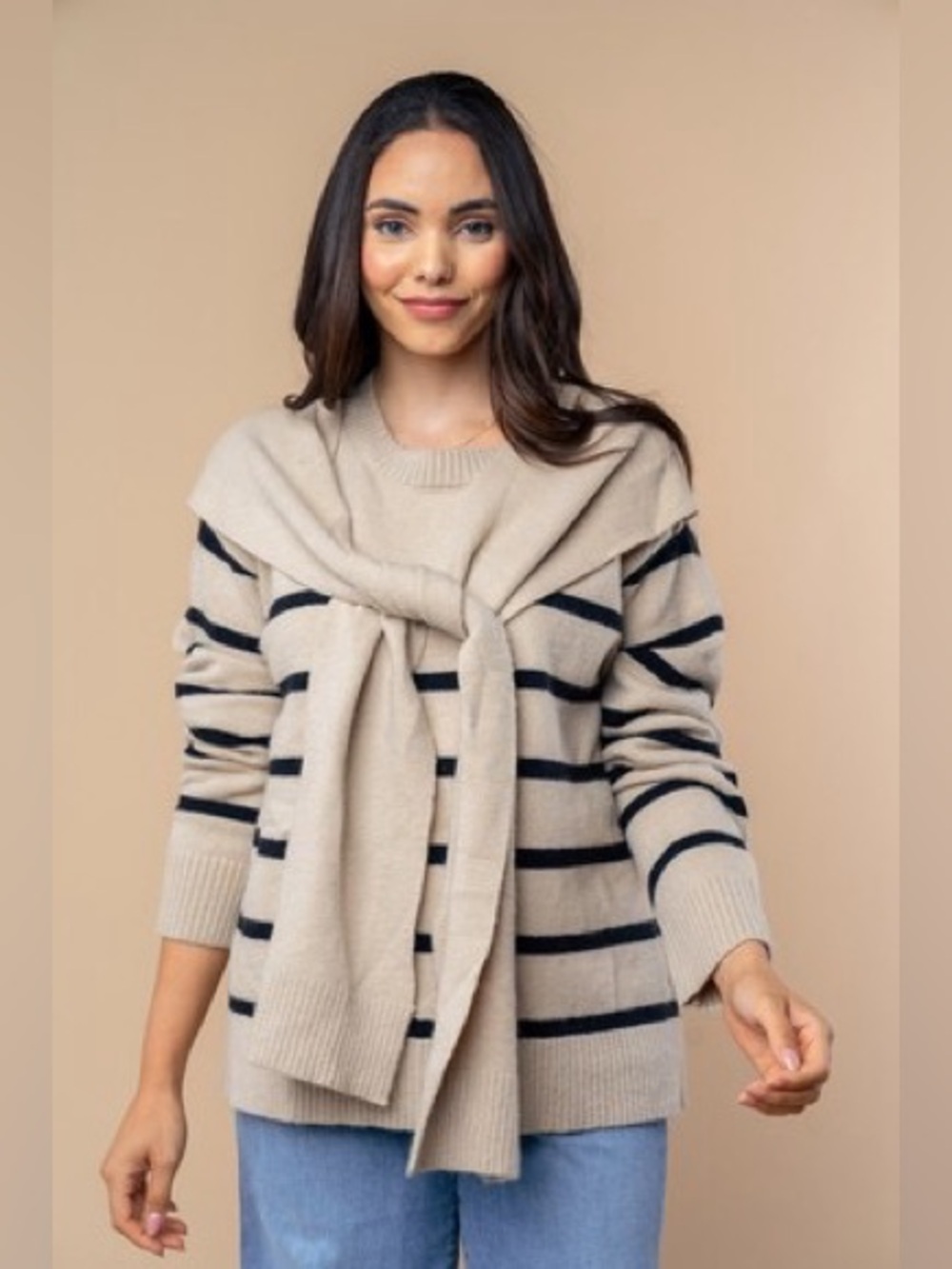 White Birch Oatmeal Black Long Sleeve Striped Knit Sweater